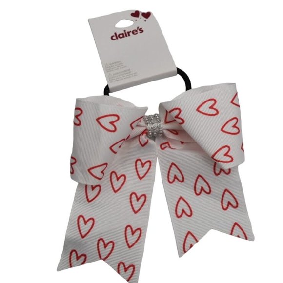 Claires Valentines Day Large Bow Hair Tie White with Red Hearts Ponytail - Picture 1 of 4